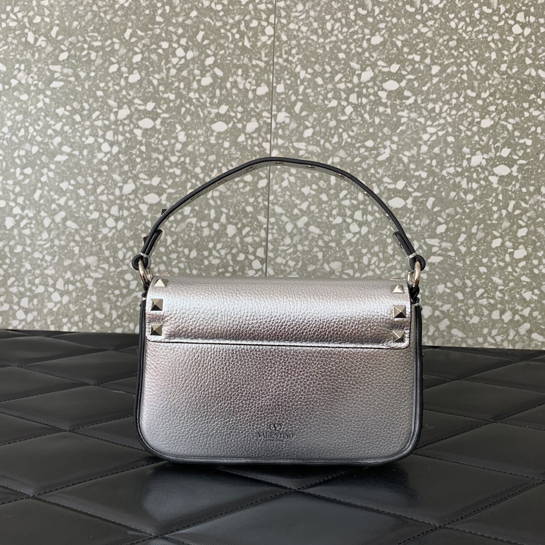 Valentino Garavani Rockstud Small Shoulder Bag in Silver Grainy Calfskin